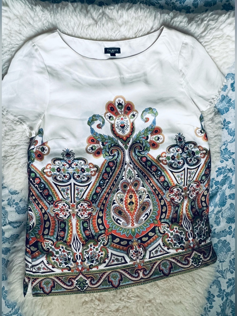 Talbots silk White Paisley Print Short-Sleeve Blouse